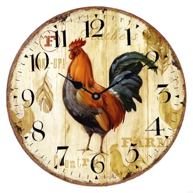  Retro Wooden Wall Clock Owl Rooster Vintage Rustic Non-Ticking Silent Quiet Home Office Kitchen Decor