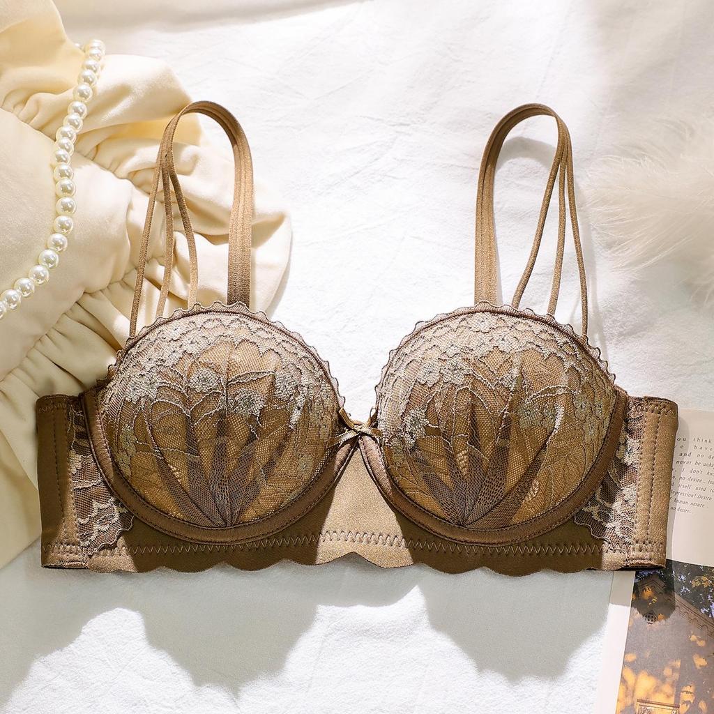 Sujetador de Lencería Push Up de Encaje Media Copa para Pecho Pequeño y Plano, Sin Aros, Anticaída, Relleno Extra Grueso.