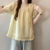 Summer Womens Fashion Solid Color Lace Short Sleeve Shirt with Tie Design Casual Top