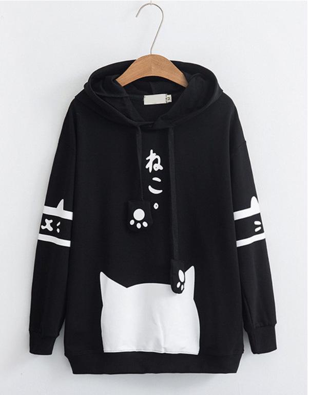 

Женский осенний худи-свитер с длинным рукавом и принтом кошки L чёрный