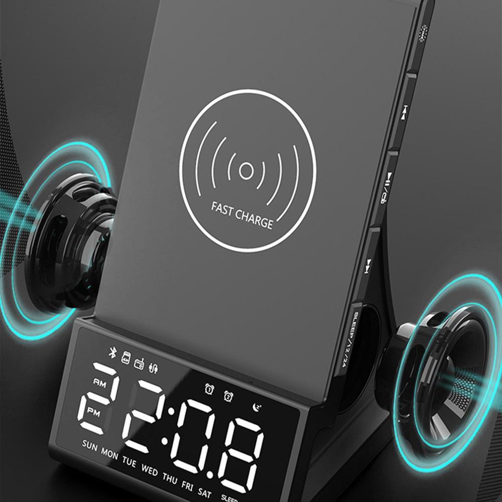 LCD Smart Drahtloser Lade-Wecker Bluetooth-Lautsprecher Multifunktionsradio 10W Drahtloses Qi-Ladegerät Doppellautsprecher Wecker