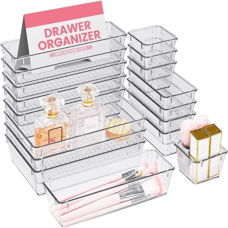 Bathroom Storage Organizer 25PCS Clear Plastic Drawer Bins for Makeup Kit Cosmetics Skincare Multi Size Tub