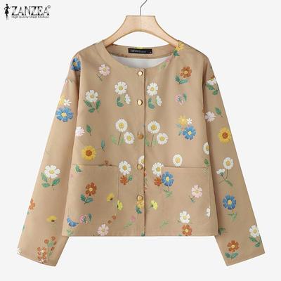 Women Casual Round Neck Long Sleeve Loose Floral Print Blouse