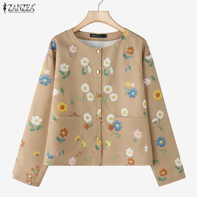 ZANZEA Women Casual Round Neck Long Sleeve Loose Floral Print Blouse