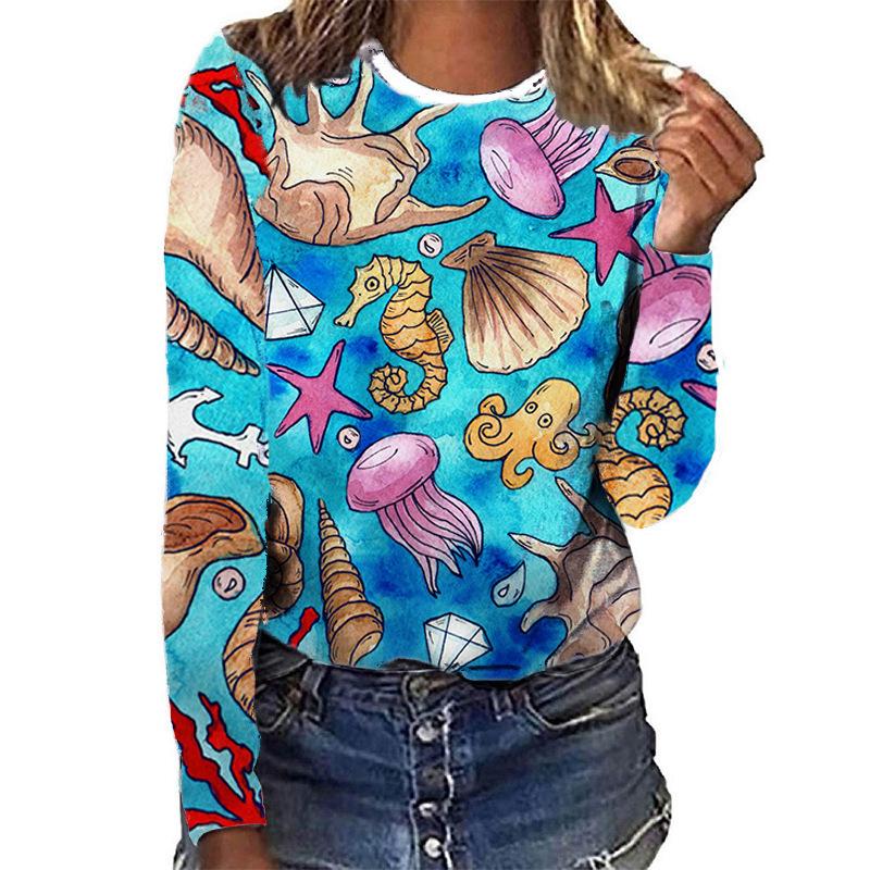 

Spring and Autumn Round Neck Coral Shell Conch Pattern 3D Printed Top Fashionable Casual Long Sleeved Women s T-shirts 5XL