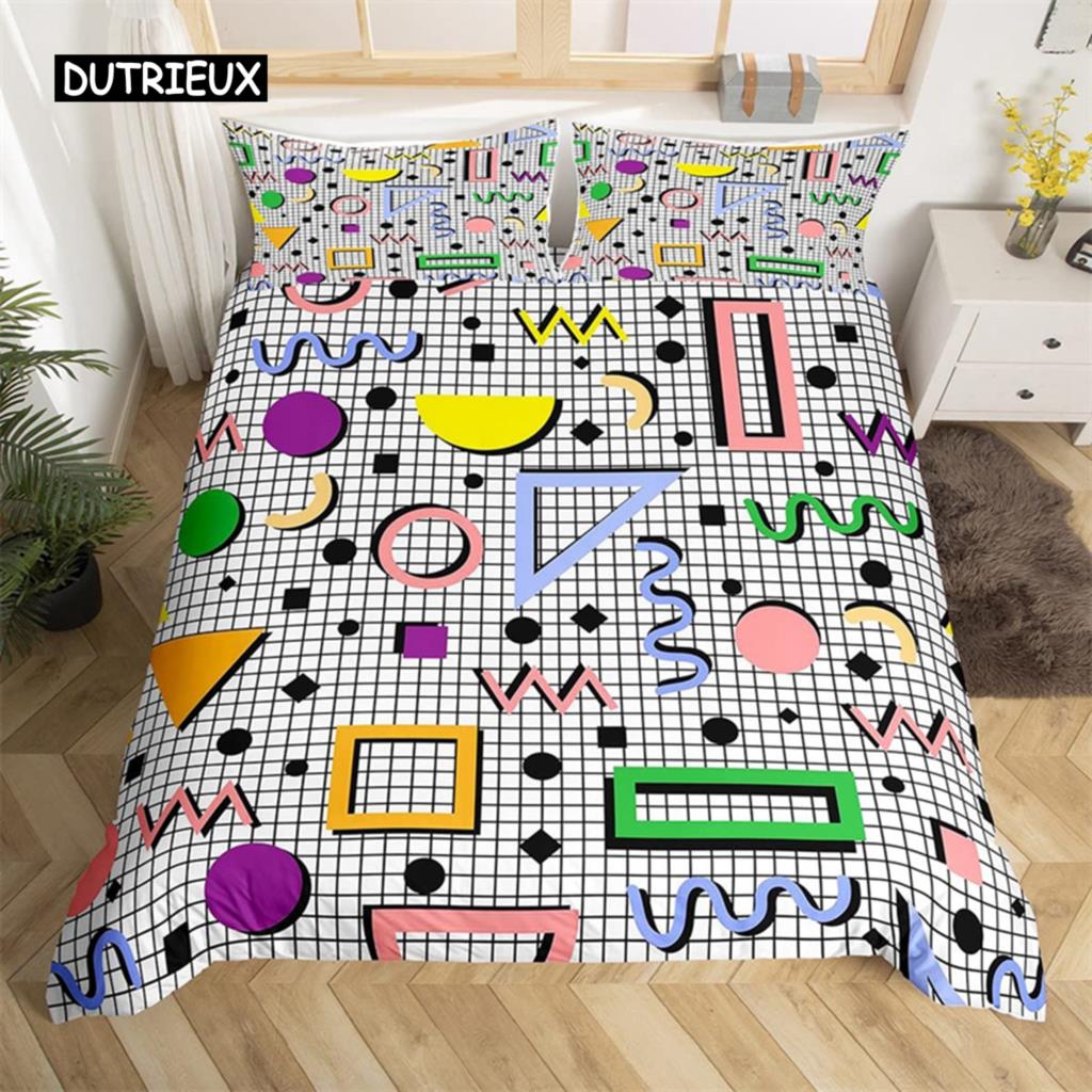 Zestaw pościeli w stylu retro lat 80. Rozmiar Twin King Wzór abstrakcyjny geometryczny Zestaw poszwy na kołdrę Mikrofibra Kołdra z kółkami i trójkątami