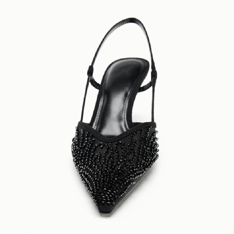 Breathable Mesh String Bead Slingback Black Heels Women Sexy Pointed Toe Back Strap Stiletto Sandals Luxury Party Designer Shoes