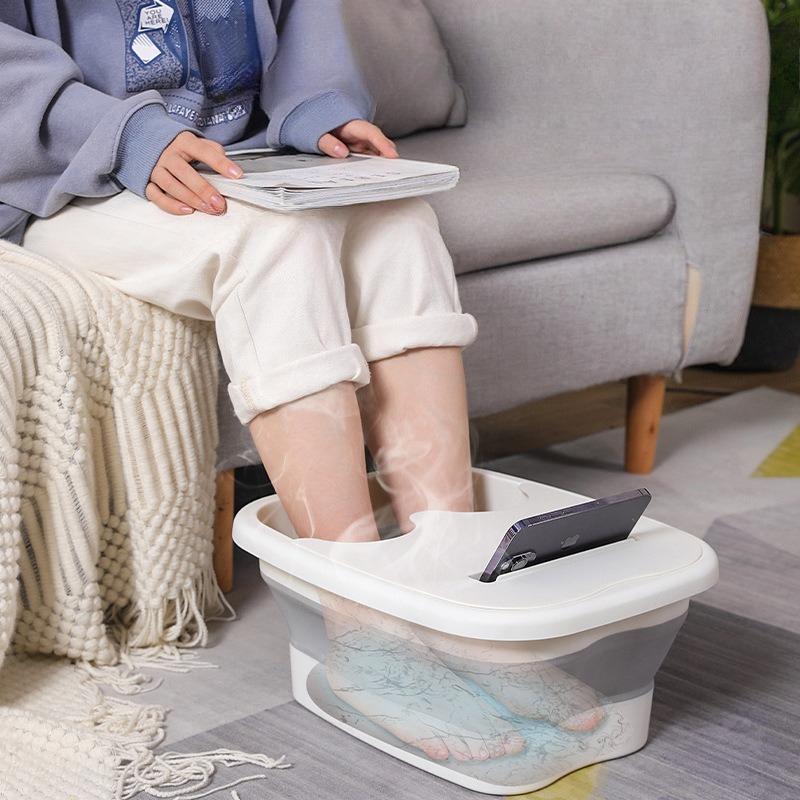 Thickened Portable Foldable Foot Bath Tub with Lid Space Saving Silicone Massage Basin for Home Use
