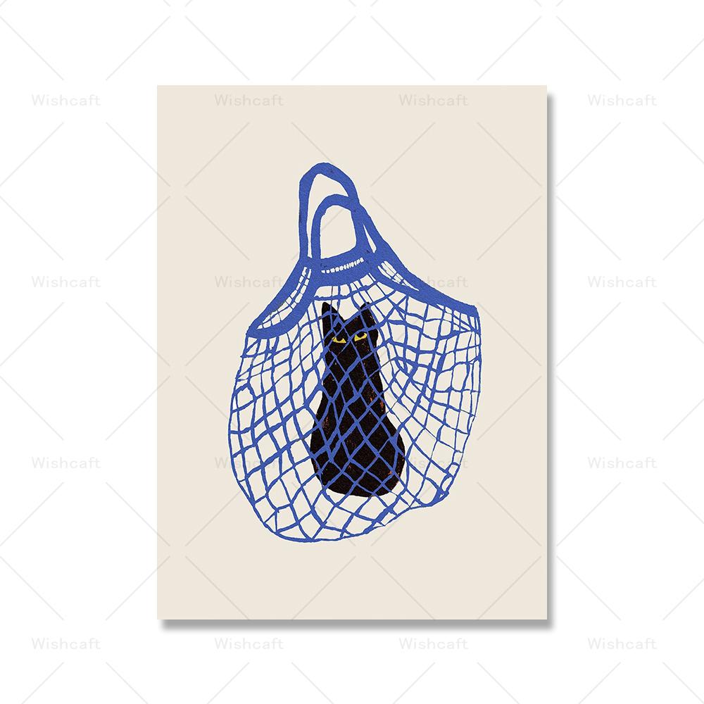 Plakát The Cats In The Bag Abstraktní nástěnná malba Malba na plátno Černá kočka Kreslené obrázky Tři psi na zeď Dětské domácí dekorace