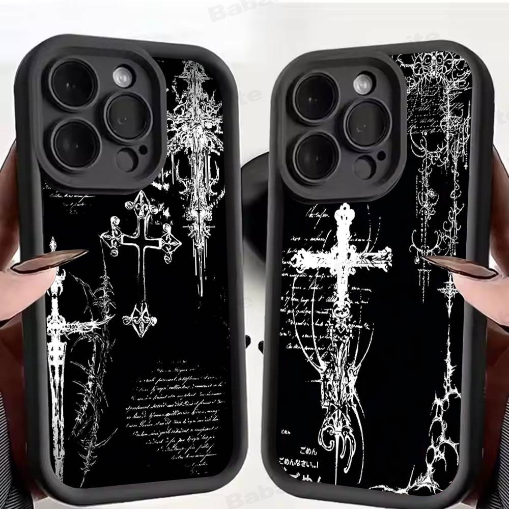 Gothic Cyber Sigil Cross Phone Case For iPhone 17 16 15 14 13 12 11 Pro Max 16E Plus INS Soft Cover