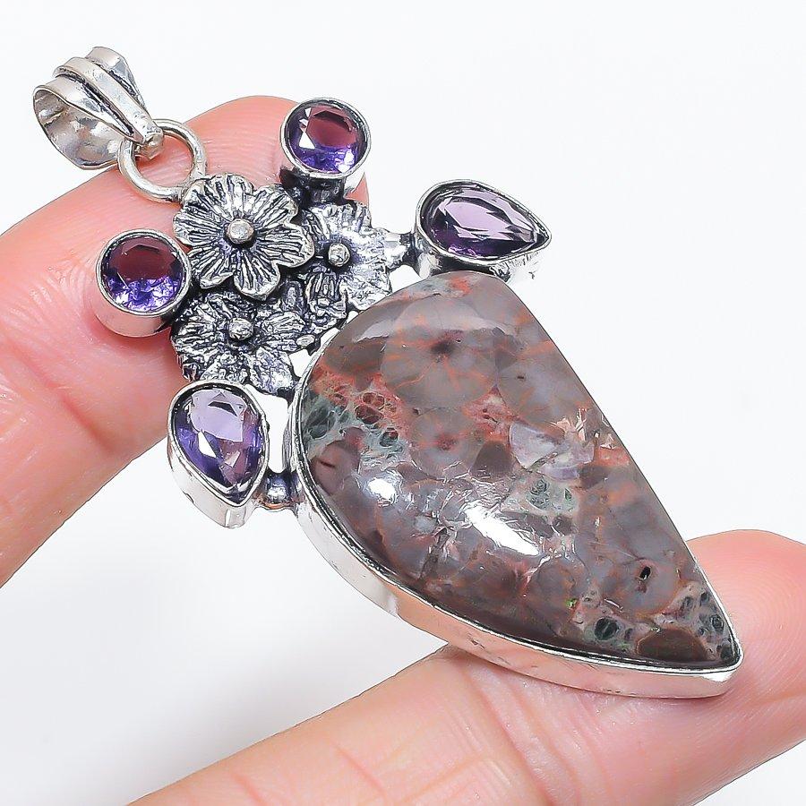 Mud Crack Fossil, Amethyst Gemstone 925 Sterling Silver Pendant 2.60"