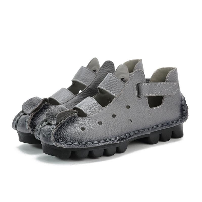 Été Première couche de cuir de vache Chaussures plates pour femmes Style ethnique Cuir Respirant Sandales pour femmes Chaussures ajourées