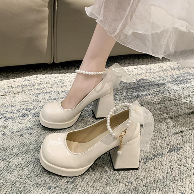 Fashion Luxury Women High Heels Elegant Square Toe Women Bow Mary Jane Shoes Pearl Lace Party Wedding Platform Shoes Fashion Women Pumps