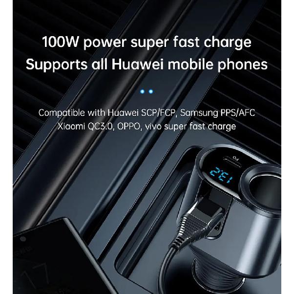200W Car Charger Fast Charging Voltage Display USB 100W PD 30W 4 in 1 Dual 12V/24V Cigarette Lighter Splitter Power Adapter