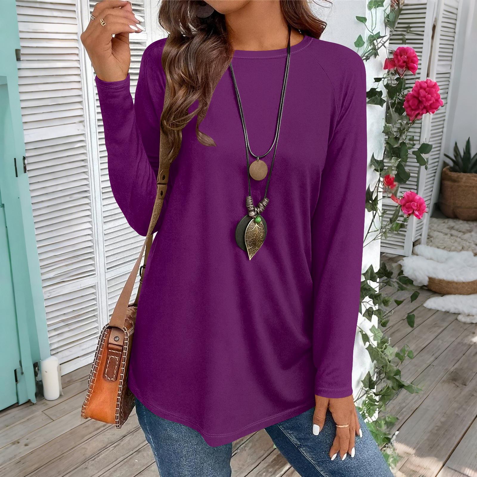 

Women s Casual Plus SizeLong Sleeved Round Neck Solid Color T-shirt Top Pullover L темно-фіолетовий колір