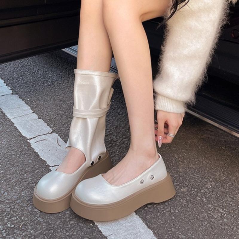 Fashion Two-wear Platform Single Shoes Autumn New Round Toe Shallow Socket Metal One-band Non-slip Wear-resistant Kitten Heel Shoes