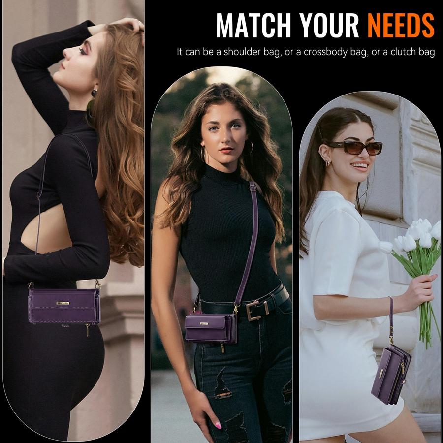 For iPhone/Samsung RFID Blocking Multilayer Wallet Phone Case Purse with 9 Card Slots+Zipper Pocket+Coin Sack Detachable Crossbody Strap + Wrist Strap