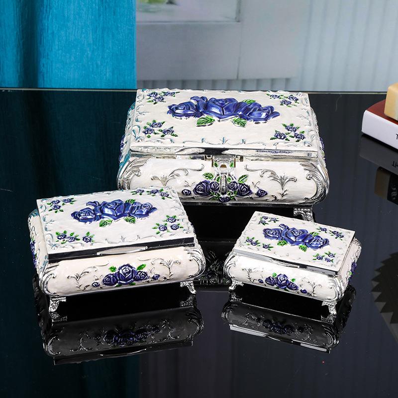 High-End European Metal Jewelry Box with Rose Design, Luxury Decorative Storage Organizer for Necklaces Rings Wedding Gift