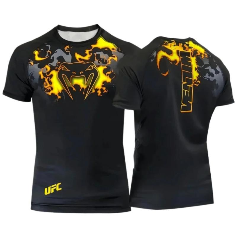UFC Venum Сжатие с принтом пламени Рашгард Мужской Быстросохнущий Футболка с коротким рукавом для тренировок MMA BJJ Спортивный топ для зала Черный S