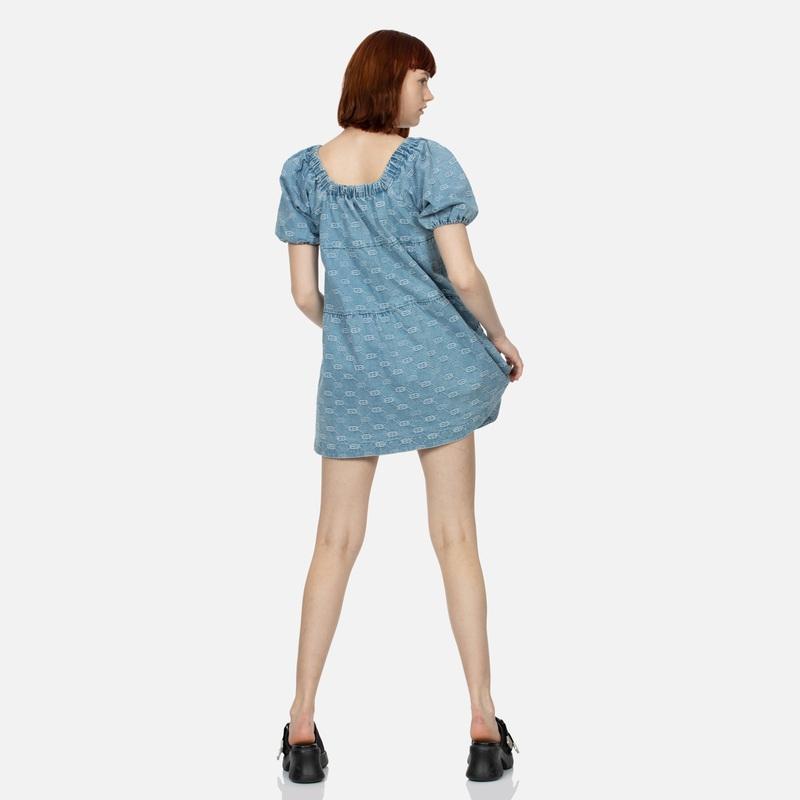 Evisu SS24 Seagull Embroidery And Allover Logo Jacquard Fashion Denim Short Sleeve Dress Women Dress Denim-Blue 2ESHTW4DR4070FFDP