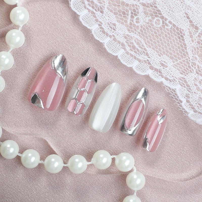 30 Gold Foil Cat Eye Manicure Tips: Pink French Style Plaid Nails