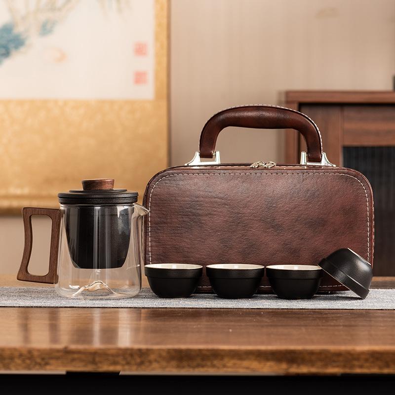 Light Luxury Glass Travel Tea Set, One Pot of Four Cups, High-end Portable Bag, Ceramic Liner Filter, Business Gift Souvenir