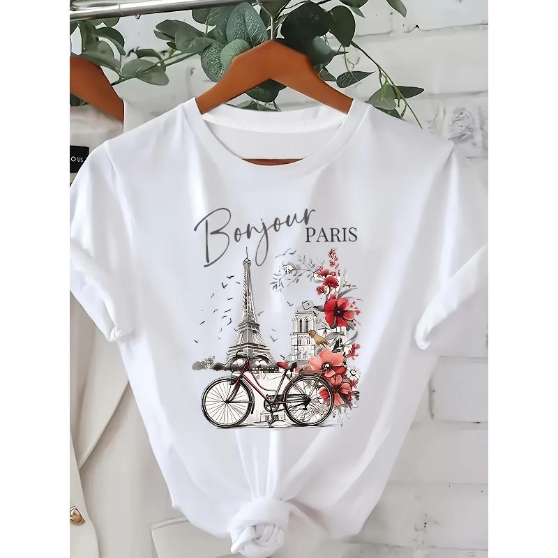 

European Size [Eiffel Tower T-Shirt] Stylish Women s T-Shirt Featuring a Print of The Eiffel Tower And Vintage Bicycles 4XL білий