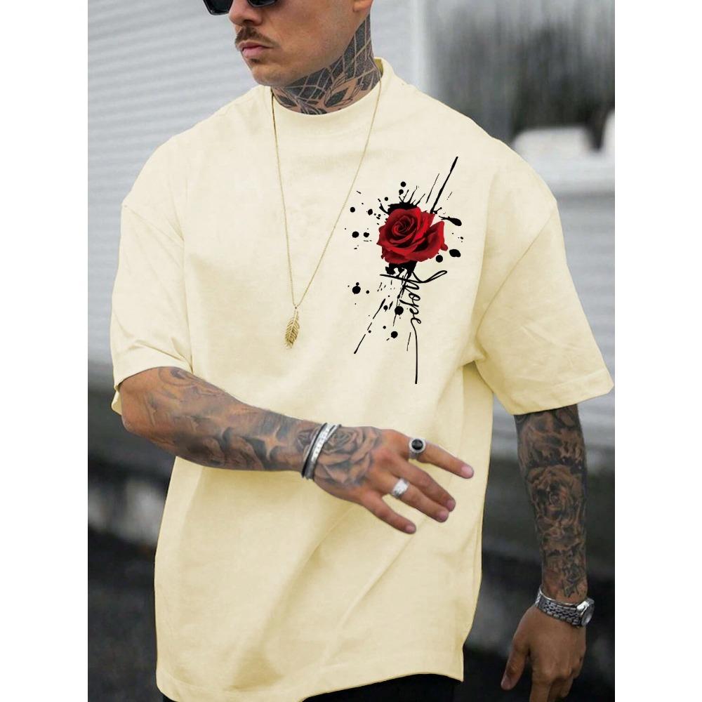 Rose Men Cotton T-shirt Luxury Brand Fashion Big Size Top Casual Short Sleeve Streetwear Classic Print Arrival Tee
