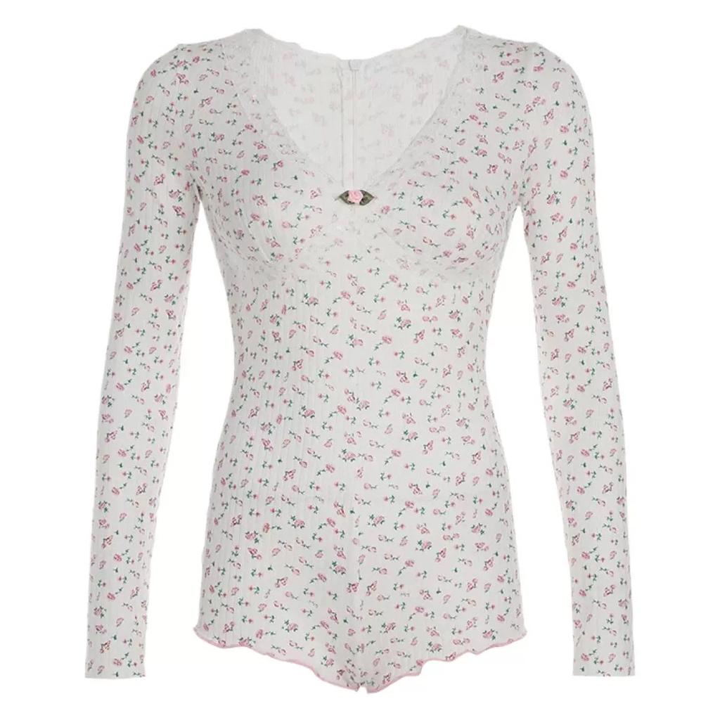 Lace Sweet Floral Jumpsuit Slim Fit Deep V Neck Long Sleeve Jumpsuit Women's Autumn and Winter Home Clothing Women's Pajamas
