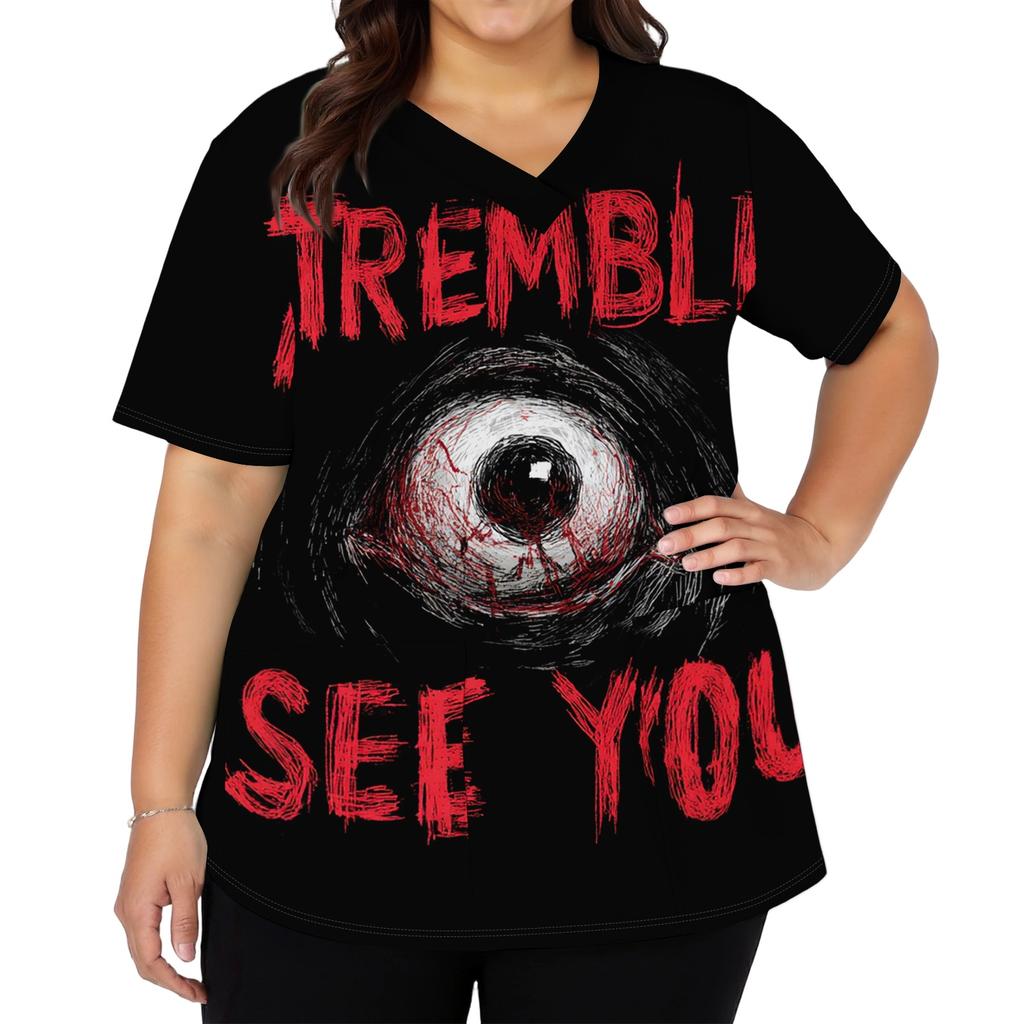 Halloween Print V Neck Short Sleeve Nurse Top with Double Pockets and Side Slits Medical Scrub Shirt for Healthcare Workers