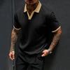Men's Jacquard Knit Polo Shirt Short Sleeve Slim Fit V Neck Casual Summer Top with Contrast Collar and Cuffs