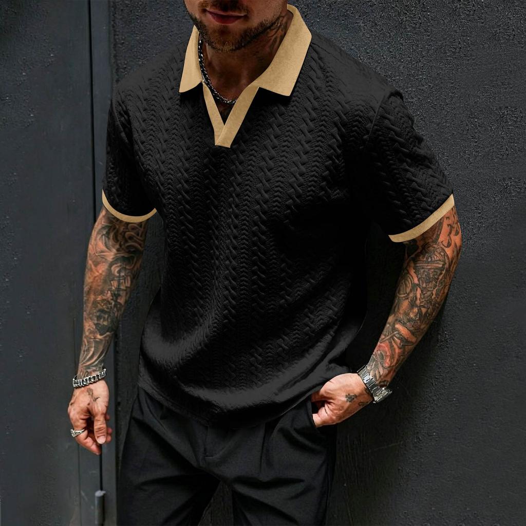 Men's Jacquard Knit Polo Shirt Short Sleeve Slim Fit V Neck Casual Summer Top with Contrast Collar and Cuffs