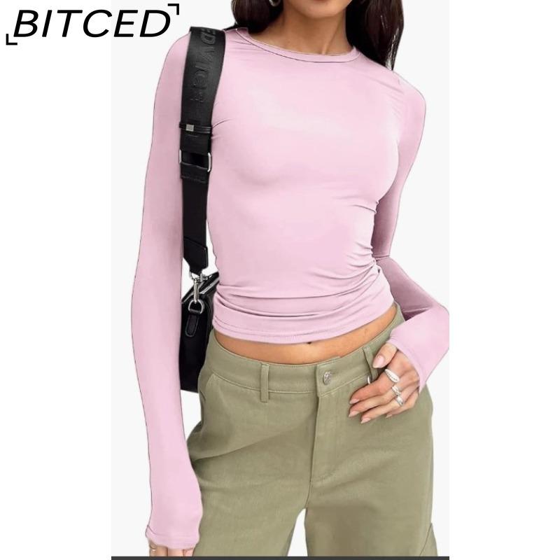 BITCED Women's Spring/Autumn T-Shirt Solid-Colour O-Neck Base Layer Slim-Fit Long-Sleeved Top