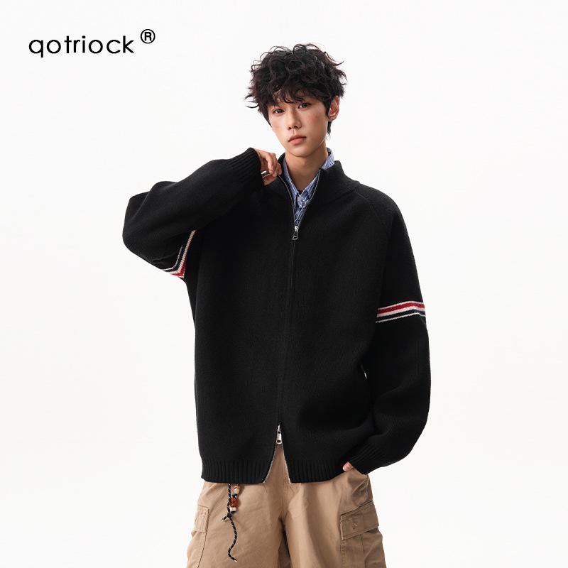 Унисекс ретро кардиган-свитер в стиле колор-блок с воротником-стойкой – Вязаный кардиган на двойной молнии для осени/зимы Medium