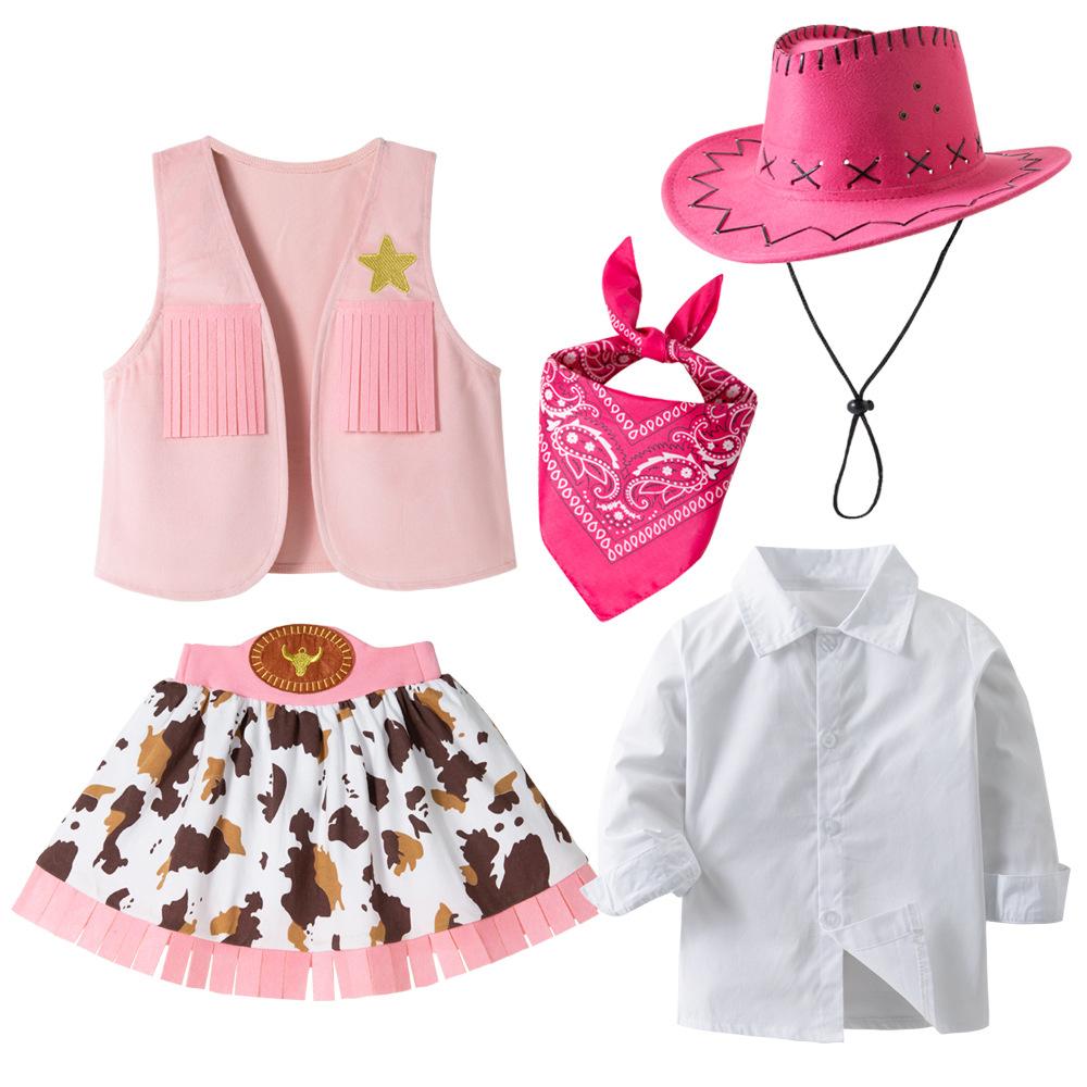 Set Costume Western Rosa a 4 Pezzi per Bambina Gilet Gonna Outfit per Gioco di Ruolo Festivo
