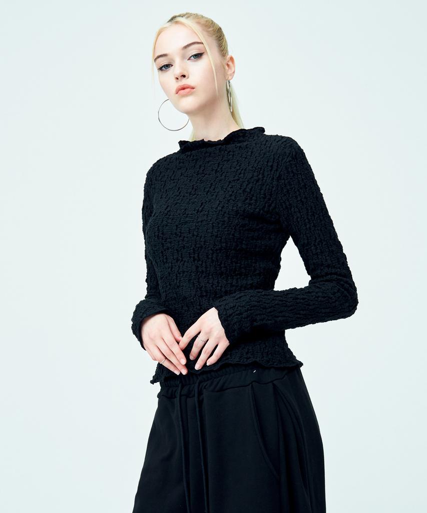 Attention Row For Woman Cloud Winkle Half-Neck Long-Sleeve T-Shirt (Black)