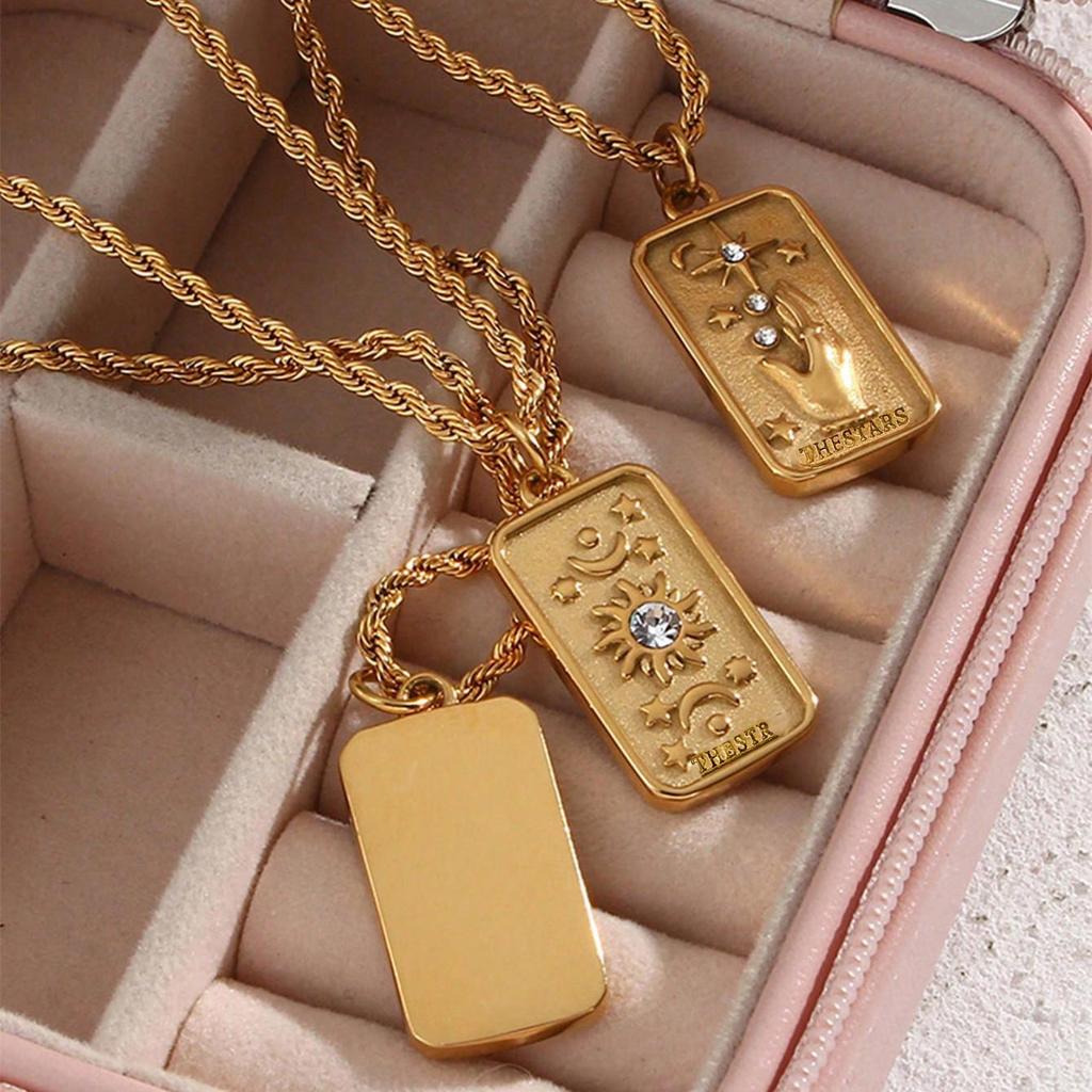 Stainless Steel Sun Square Pendant Necklace with 3D Embossed Diamond Inlay