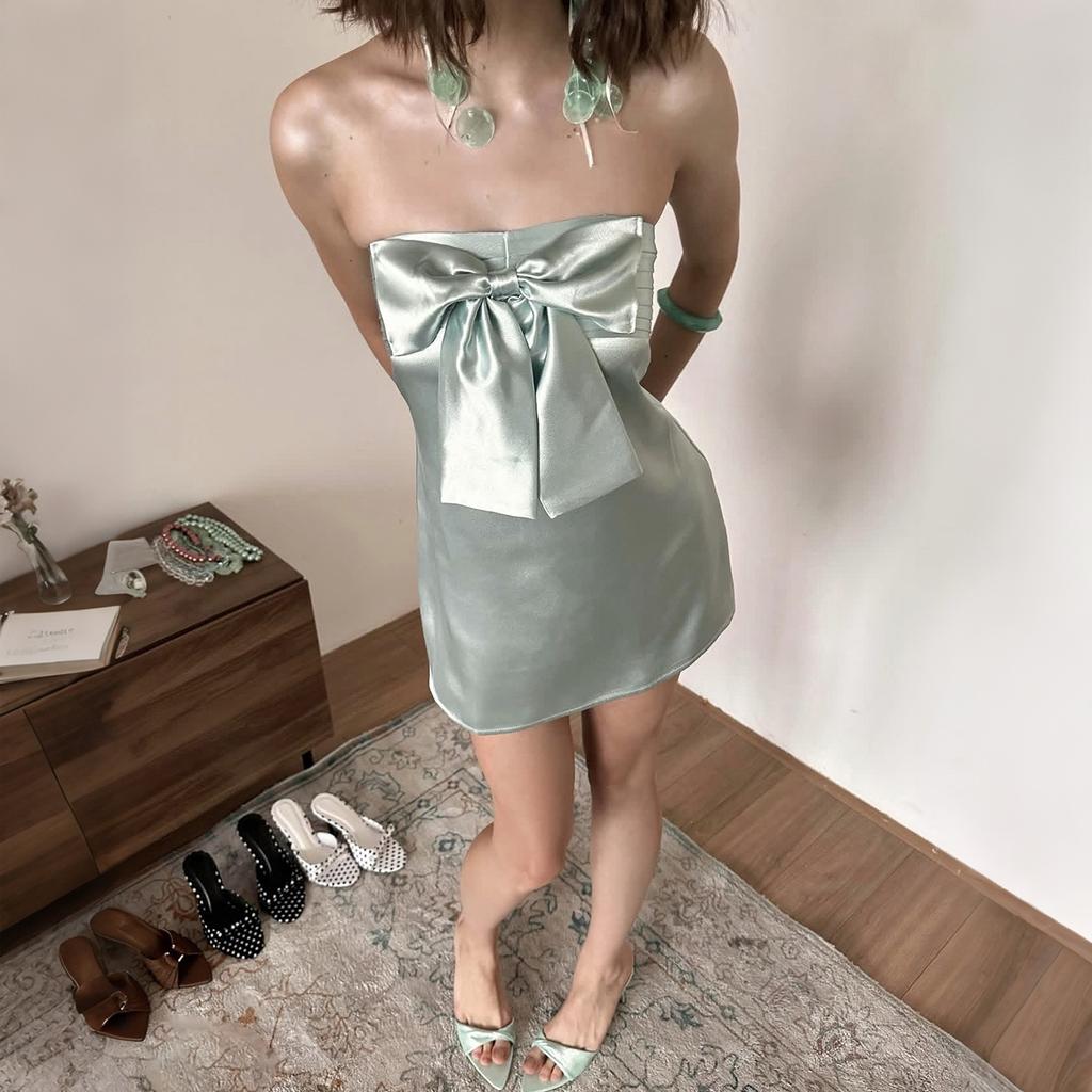 2026 summer new women's clothing European and American fashion sexy tube top bow satin texture design dress