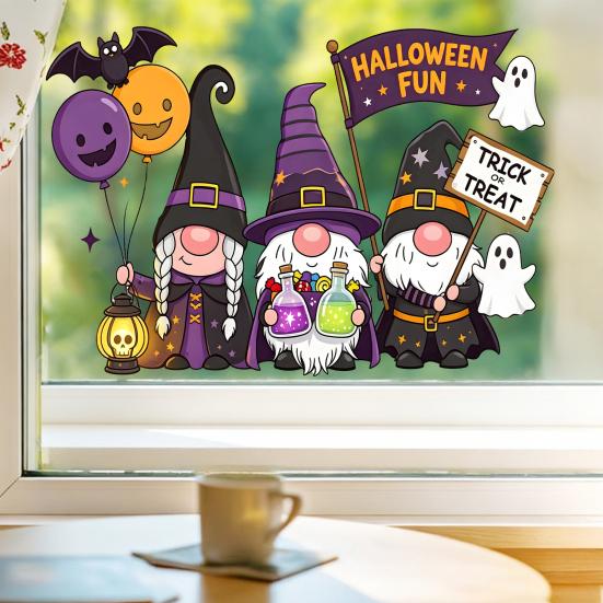 Static Glass Sticker, No Residue Reusable Window Clings, Festive Glass Decal with Halloween Dwarf Wizards Black Cats Ghosts Skeletons Pattern