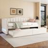 Daybed, 90x200cm Day Bed with Pull-out Bed, Sofa Bed, Single Bed (without Mattress), Ambient Light Design, Linen, Minimalist Styling, Beige