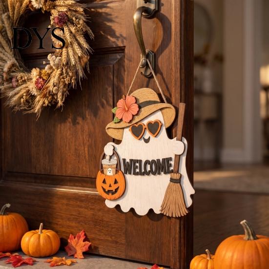 Fall Home Accents Halloween Ghost Welcome Door Hanger, Cute Wooden Sign with Witch Hat & Pumpkin Wall Elements, Indoor Outdoor Decor for Holiday Porch