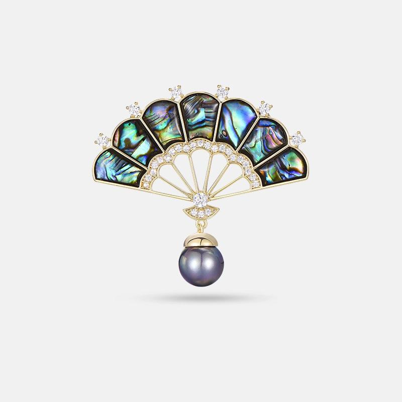 Chinese  Abalone Shell Fan Shaped Imitation Pearl Brooches For Unisex Popular Pins Jewelry Decoration Suit Party Gift