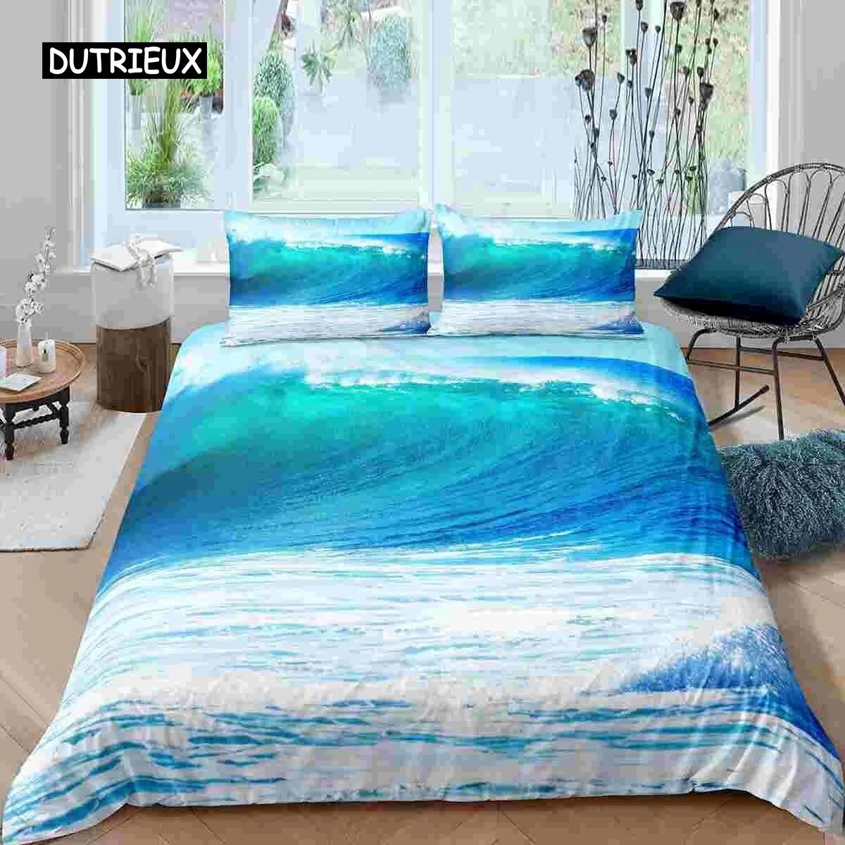 

Комплект пододеяльников «Океанская волна» «Пляжный с пенистыми волнами» Комплект двойного постельного белья из полиэстера «Морской берег» Тема праздника Queen King Size Пододеяльник, комплект из трех предметов AU Double(180x210cm)