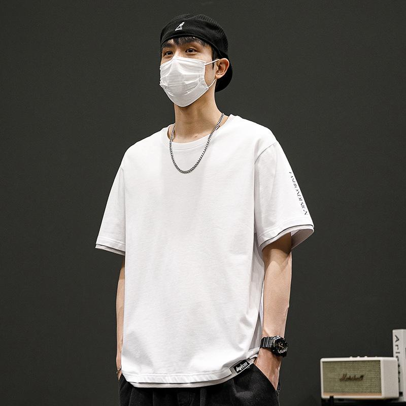 Men Fake Two Piece Contrast Trim Short Sleeve T Shirt Casual Loose Fit Summer Top M
