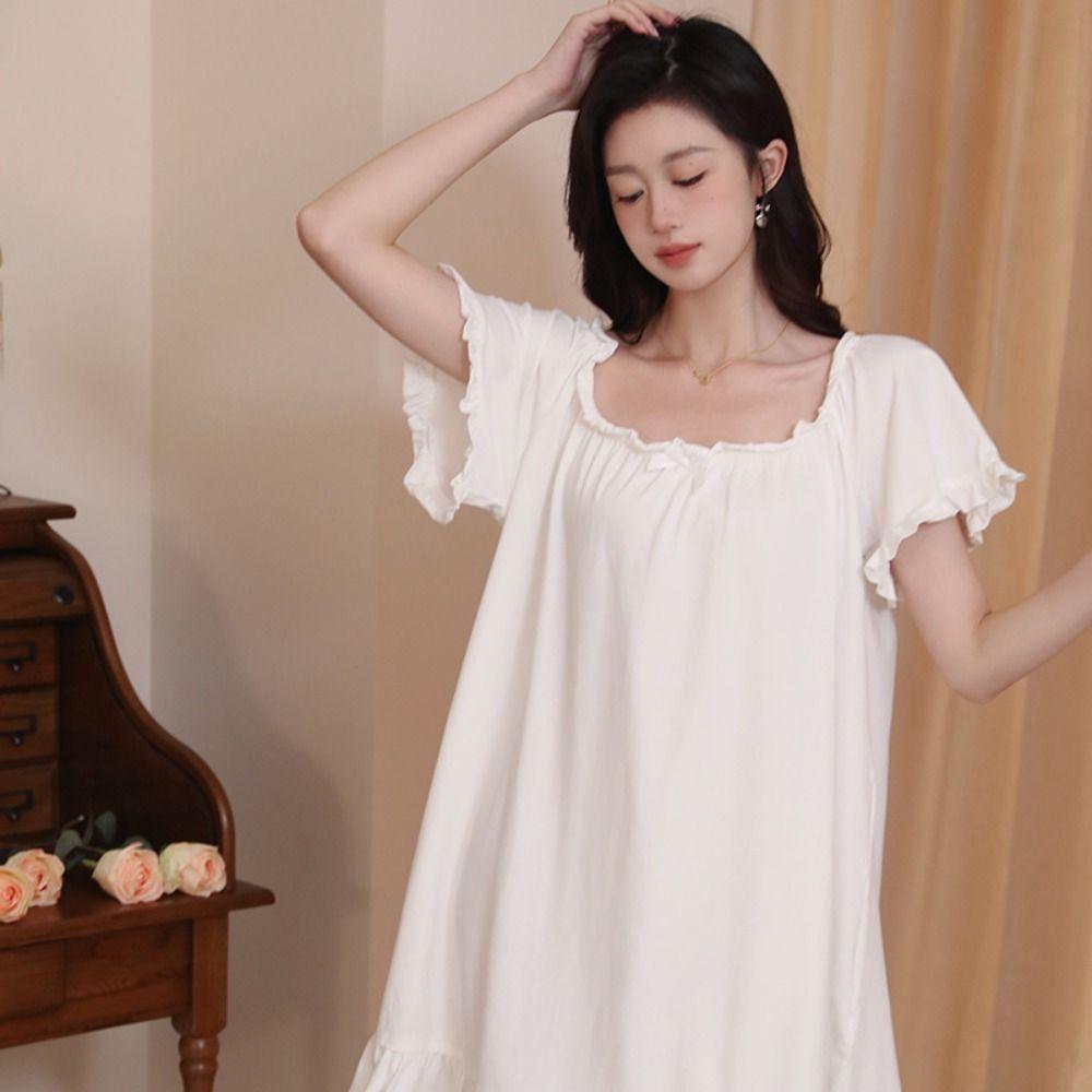 Loose Ruffle Nightdress Short Sleeve Princess Nightgown Sweet Women's Pajama Dress  Girls