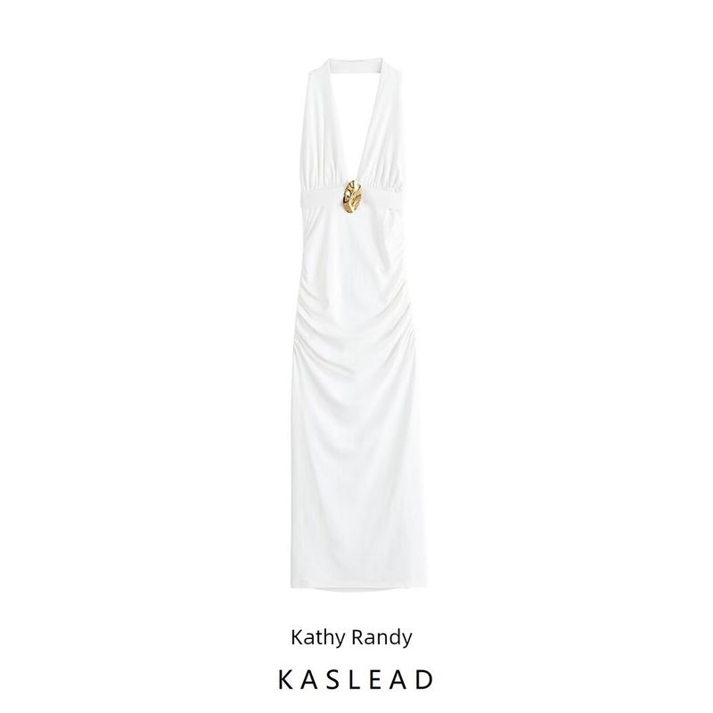 Kaslead New Arrival Women's Clothing Fashion Style Fashion Silm Ruched Halterneck Sleeveless Dress 1026226