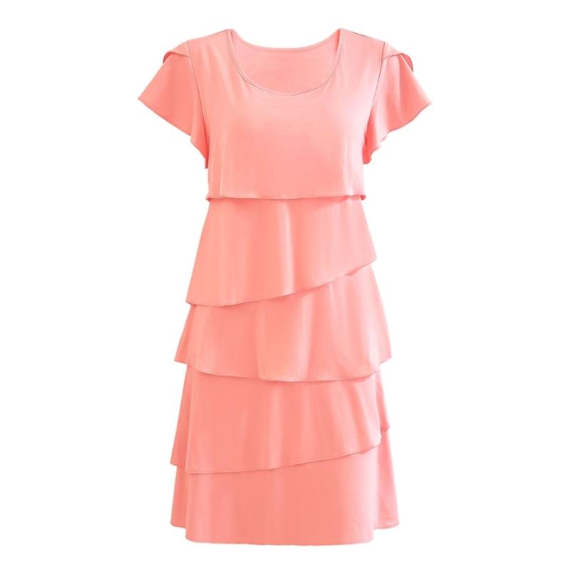 Women's Short Sleeve Crew Neck Ruffle Tiered Layered Flowys Swing Long Midi Dress Summer Dresses Casual Loose Dresses