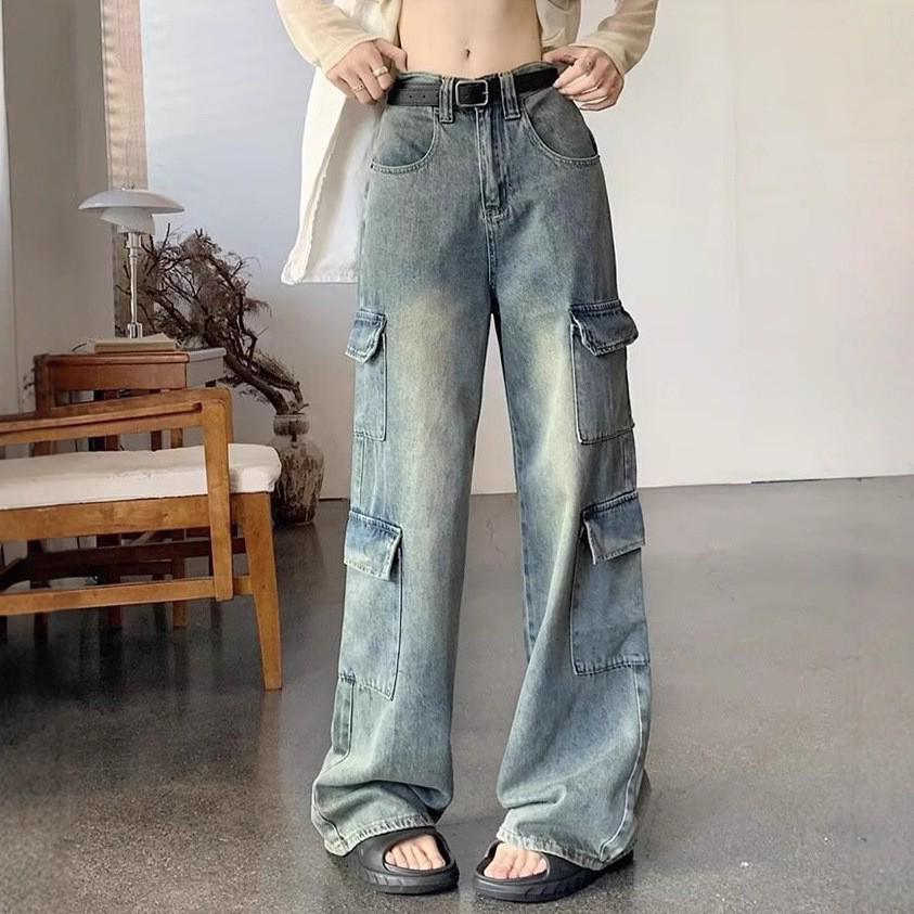

Women s Retro High Waist Wide Leg Denim Jeans - Versatile Loose Fit, Floor Length Small синий