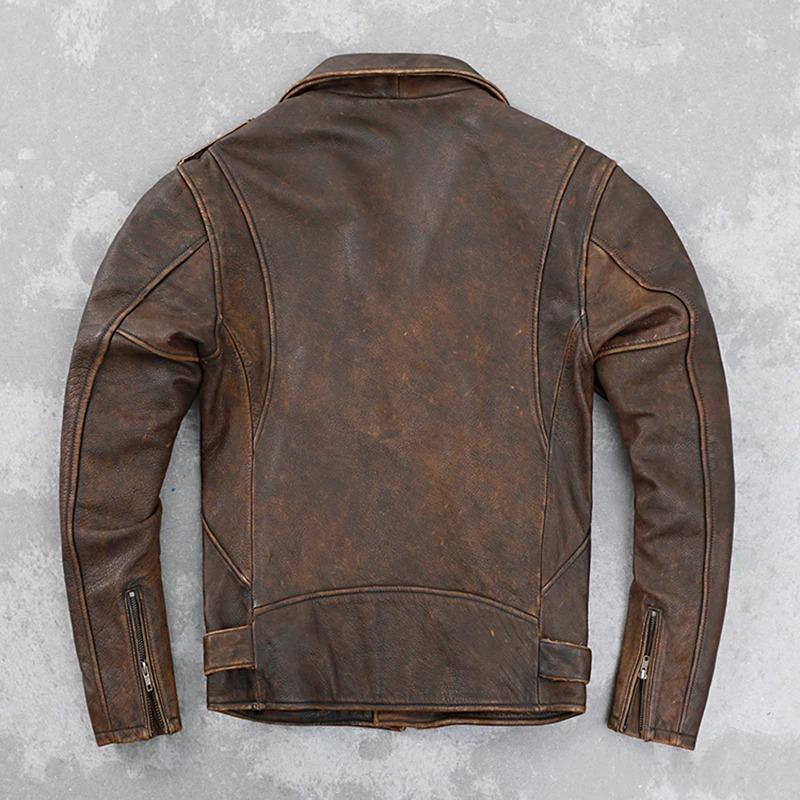 Chinesische Größe Rindsleder Ledermantel Herren Retro Distressed Motorrad Fahrradbekleidung Trendy Jugend LapeSpring und Herbst Mantel