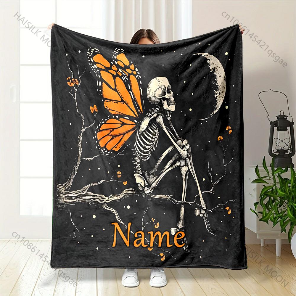 Personalized Custom Name Creative Floral Skeleton Art Print Warm Comfortable Blanket for Adults and Kids Halloween Gift 75x90cm